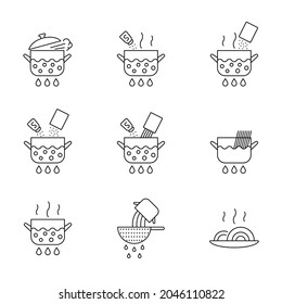 Pasta cooking instruction icons set editable stroke