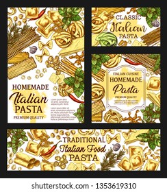 Pasta cooking poster, Italian cuisine restaurant menu and product package sketch. Vector homemade traditional Italian pasta fusilli, fettuccine or linguine and penne, pappardelle or lasagna