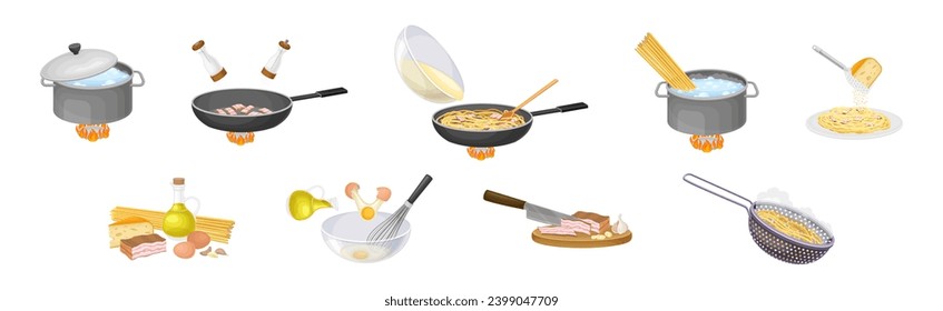 Pasta Cooking Process with Frying, Mixing in Bowl and Colander Vector Set