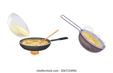 Pasta cooking process set. Pasta in frying pan and colander with noodles vector illustration