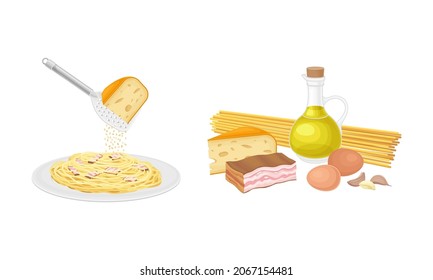 Pasta cooking process set. Italian dish pasta with pesto sauce and cooking ingredients vector illustration
