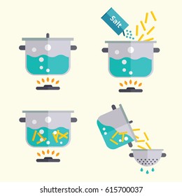 Pasta cooking recipe. Spaghetti or noodles making instruction in steps. Flat design manual vector illustration.