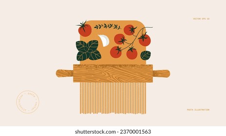 Pasta cooking. Rolling pin with pasta dough and tomatoes with basil. Italian food horizontal background.