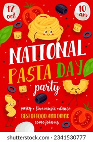 Pasta-Tag-Party-Flyer mit lustigen italienischen Pasta-Figuren Fettuccine, Kreste, Ditalini und cavatappi-Persönlichkeiten, die für Makaroni-Party mit Live-Musik, Essen und Trinken einladen. Vektor-Einladungsposten