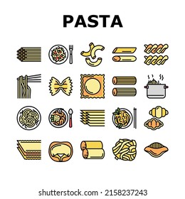 Pasta Delicious Food Meal Cooking Icons Set Vector. Ravioli And Tortellini, Spaghetti And Pasta, Macaroni And Fusilli, Cannelloni And Lasagna. Cooked Dish Plate Nutrition Color Illustrations