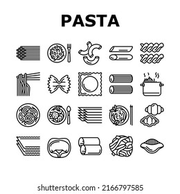 Pasta Delicious Food Meal Cooking Icons Set Vector. Ravioli And Tortellini, Spaghetti And Pasta, Macaroni And Fusilli, Cannelloni And Lasagna. Cooked Dish Plate Nutrition Black Contour Illustrations