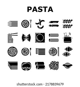 Pasta Delicious Food Meal Cooking Icons Set Vector. Ravioli And Tortellini, Spaghetti Pasta, Macaroni And Fusilli, Cannelloni Lasagna. Cooked Dish Plate Nutrition Glyph Pictograms Black Illustrations