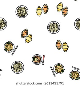 Pasta Delicious Food Meal Cooking Vector Seamless Pattern Thin Line Illustration