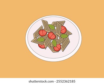 Pasta Delight: A simple yet appetizing illustration of penne pasta with cherry tomatoes and basil leaves, served on a white plate. Perfect for food blogs, recipe websites, or menu designs.