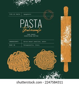 Pasta design template. Rolling pin with the pasta. Textured illustration. Italian food. Vector illustration.