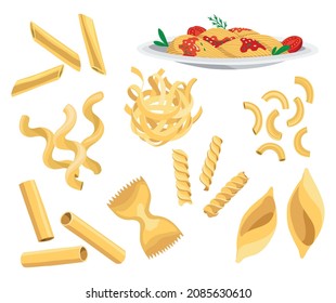 Pasta different kinds set. Italian food collection. Restaurant delicious menu illustration. Dry noodles and raw macaroni assortment. Italian cuisine, wheat flour products in different shapes