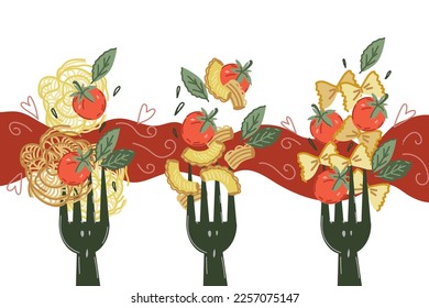 Pasta of different types on forks at tomato sauce backdrop, hand drawn doodle style vector Illustration isolated on white background for Italian cuisine and pasta packaging design.