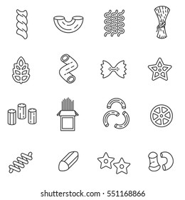 Pasta of different varieties, icons set. assortment production, thin line design. linear symbols collection