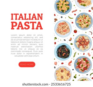 Pasta Dish Food Banner Design with Plate Serving Vector Template