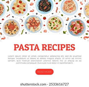 Pasta Dish Food Banner Design with Plate Serving Vector Template