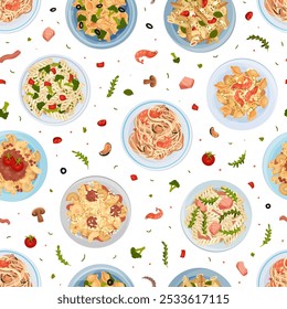 Pasta Dish Food Seamless Pattern with Plate Serving Vector Template