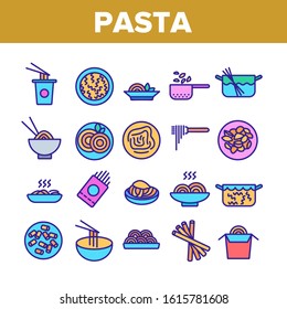 Pasta Dish Gastronomy Collection Icons Set Vector Thin Line. Chinese Pasta In Cup With Chopsticks, Spaghetti On Plate And in Bowl, Nutrition Concept Linear Pictograms. Color Contour Illustrations