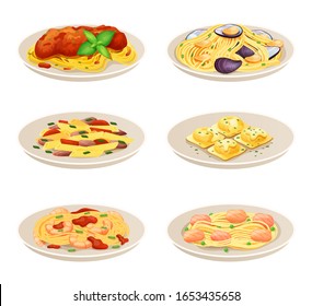 Pasta dish Italian cuisine, set isolated on white, spaghetti restaurant menu, vector illustration. Traditional European food, Italian dish pasta with seafood, ravioli, bolognese and carbonara sauce