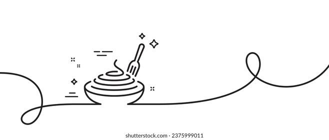Pasta dish line icon. Continuous one line with curl. Plate with macaroni sign. Food bowl with fork symbol. Pasta dish single outline ribbon. Loop curve pattern. Vector
