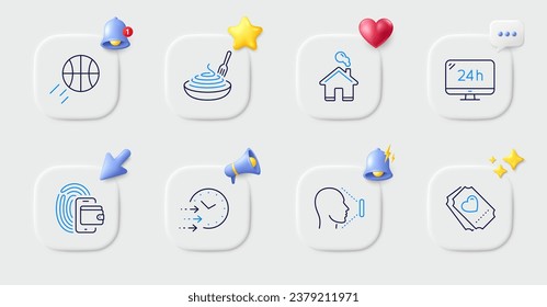 Pasta dish, Love ticket and Home line icons. Buttons with 3d bell, chat speech, cursor. Pack of Wallet, Basketball, Face id icon. Delivery time, 24h service pictogram. For web app, printing. Vector
