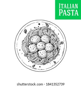 Pasta dish vector illustration. Italian cuisine. Pasta and meatballs dish. Hand drawn sketch illustration. Italian food. Top view.