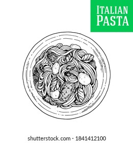 Pasta dish vector illustration. Italian cuisine. Pasta  dish. Hand drawn sketch illustration. Italian food. Top view.