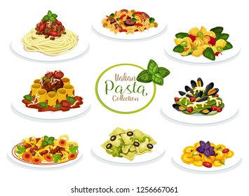 Pasta dishes of Italian cuisine. Vector spaghetti, macaroni and penne with meat tomato bolognese and cream cheese sauce, farfalle, ravioli and fusilli with pesto, meatball, seafood. Mediterranean food