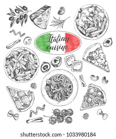 Pasta dishes, pieces of pizza, ingredients of Italian cuisine. Set for the concept of menu design. Ink hand drawn food elements collection with brush calligraphy style lettering. Vector illustration. 