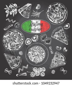 Pasta dishes, pieces of pizza, ingredients of Italian cuisine. Set for the concept of menu design. Ink hand drawn food elements collection with brush calligraphy style lettering. Vector illustration. 