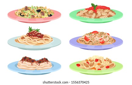 Pasta Dishes Served On Flat Plates Vector Set