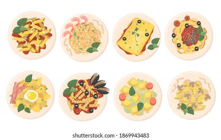 Pasta dishes set. Noodles, macaroni, lasagna, bolognese with cheese, tomato sauce, meatballs, olives and seafood. Vector illustrations for traditional Italian cuisine, food, culinary concept