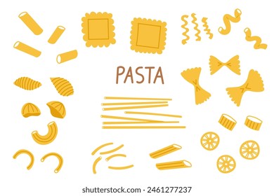 Pasta doodle hand drawn vector illustration on isolated background. Types of wheat flour products in cartoon style, macaroni,fettuccine, lasagne, cavatappi, rotelle, farfalle, rigatoni. Italian food