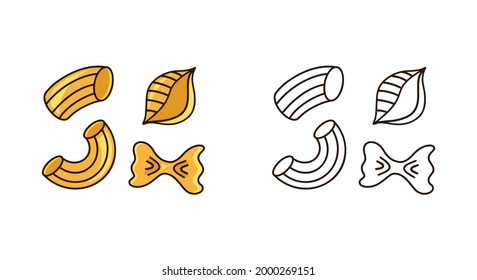 Pasta doodle icons set. Linear and color version. Hand drawn illustration of farfalle, conchiglie, rigati, rigatoni. Contour isolated vector on white background