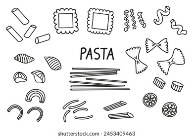 Pasta doodle set line art. Vector sketch illustration on isolated background. Spaghetti, Penne, fusilli, rigatoni, farfalle, tagliatelle, fettuccine, cavatappi, conchiglie shells, wheat, Italian foo