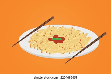 Pasta with eggplant in tomato sauce traditional food design