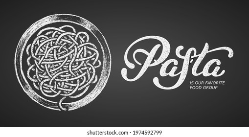 Pasta Elegant Hand Written Vector Lettering Isolated On Black Background With Chalk Plate Of Pasta