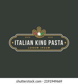 Pasta emblem logo icon template with crown smile fork noodle symbol on dark background.