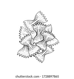 Pasta Farfalle sketch. Italian Food vector illustration. Vintage hand drawn style. Black line cooking icon, isolated white background. Organic pasta drawing, engraved graphic. Bow tie butterfly pasta