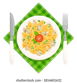 Pasta Farfalle Top View. The National Dish Of Italian Cuisine. Plate With Pasta Mushrooms And Green Peas Served On A Napkin. Vector Illustration In Cartoon Style Isolated On White Background.