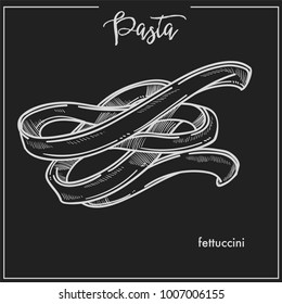 Pasta Fettuccini chalk sketch for Italian cuisine menu or packaging design on black background