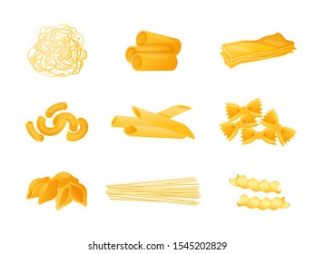 Pasta flat vector illustrations set. Noodle types color drawing. Grocery store assortment. Cartoon flour products variety pack isolated on white background. Italian cuisine design element