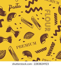 Pasta flour, premium product for cooking and preparing meal. Tasty and delicious ingredients for pastry food. Types of macaroni, farfalle. Seamless pattern, print or background. Vector in flat style