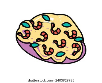 Pasta of food colorful set. This charming image elegantly displays a generous serving of pasta and shrimps, reminiscent of coastal Italian delicacies. Vector illustration.