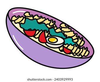Pasta of food colorful set. This inviting artwork captures the essence of pasta with vegetables, promising a sensory experience that transports to coastal Mediterranean shores. Vector illustration.