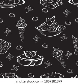 Pasta, food, ice cream vector seamless pattern isolated on white background. Concept for menu, wallpaper, wrapping paper