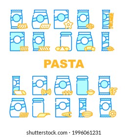 Pasta Food Package Collection Icons Set Vector. Gnocchetti Sardi And Rigatoni, Fusilli And Farfalle, In Spiral Form And Alphabet Shape Pasta Concept Linear Pictograms. Contour Color Illustrations