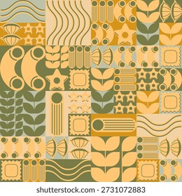Padrão alimentar de massas em mosaicos geométricos. Ilustração vetorial de macarrão tradicional italiano, espaguete ou tagliatelle, ravioli, conchiglie e fettuccini, design vintage abstrato para restaurante