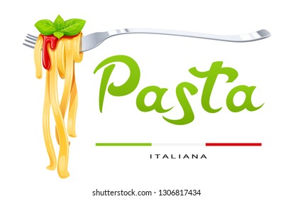 Pasta at fork with basil and sauce. Concept for traditional italian food. Spaghetti. Organic meal. Natural eating. Cooking lunch. Macaroni design. Isolated white background. Eps10 vector illustration.