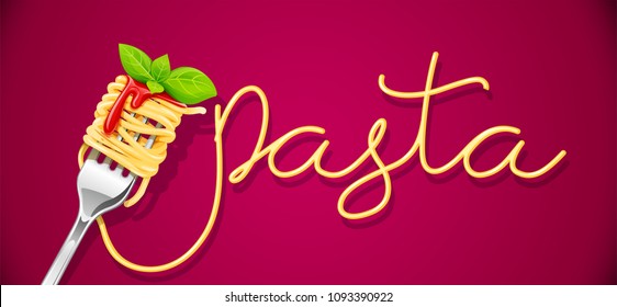 Pasta at fork with basil and sauce. Spaghetti. Organic meal. Traditional italian food. Natural eating. Cooking lunch. Concept Macaroni design. Red background. EPS10 vector illustration.