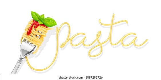 Pasta at fork with basil and sauce. Spaghetti. Organic meal. Traditional italian food. Natural eating. Cooking lunch. Concept Macaroni design. Isolated white background. EPS10 vector illustration.